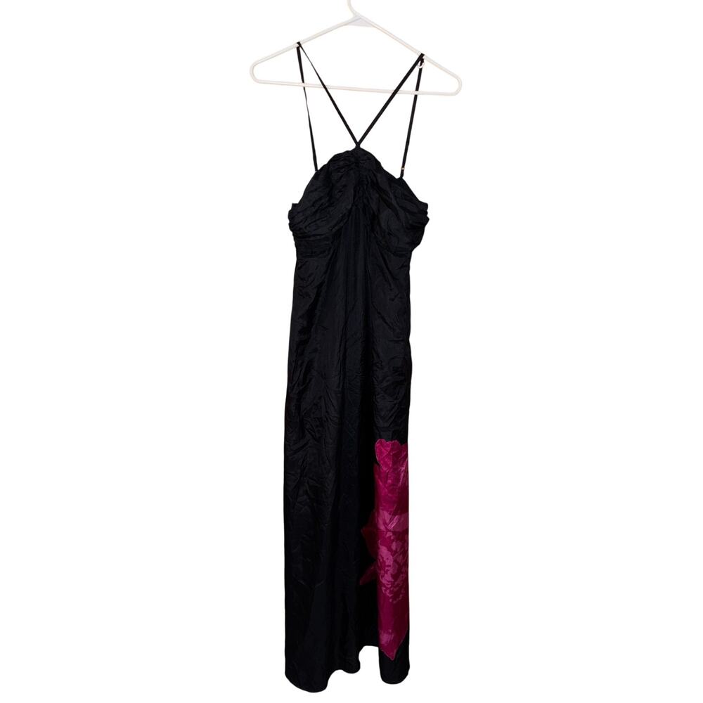 vintage Y2K Express black halter maxi dress pink flower 100% silk (size small)